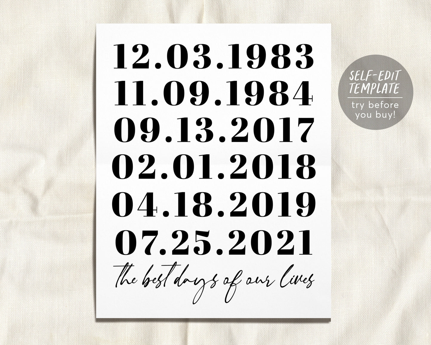 Important Dates Sign Editable Template, The Best Days of our Lives, Personalized Birth Date Sign, Custom Date Sign, Family Dates Wall Art