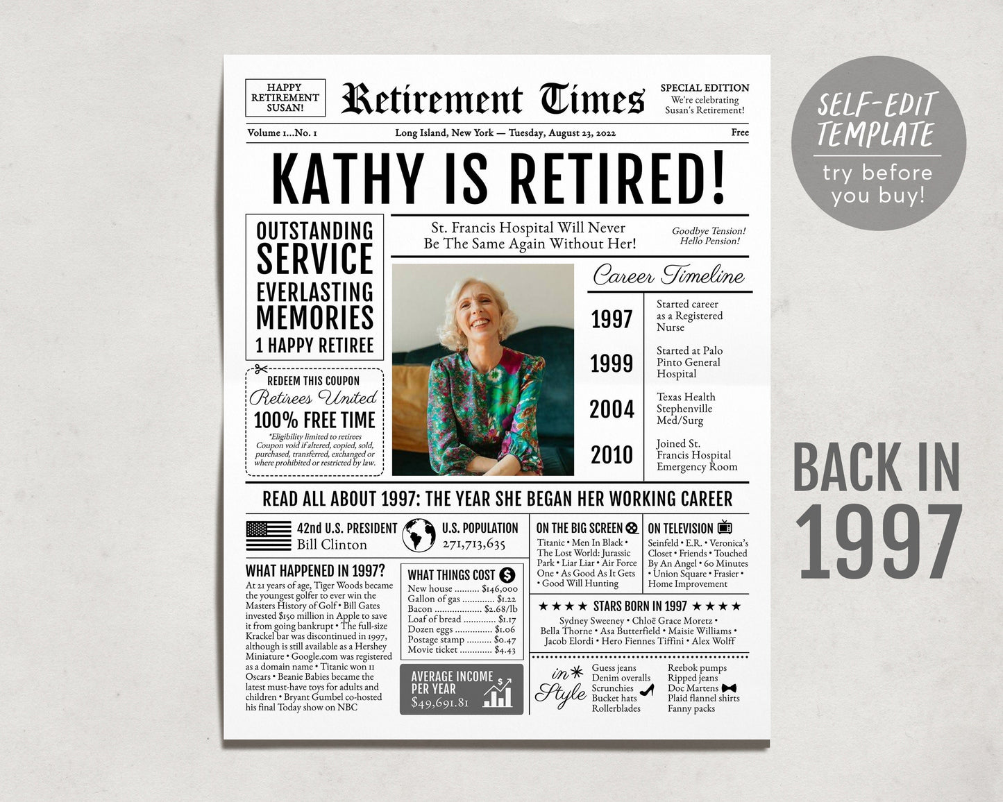 Editable Retirement Celebration Sign, Unique Newspaper Retirement Gifts for Men Women, Vice Assistant Principal Gift, History Back in 1997