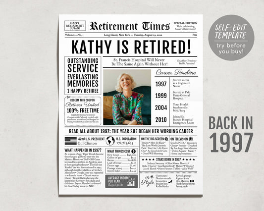 Editable Retirement Celebration Sign, Unique Newspaper Retirement Gifts for Men Women, Vice Assistant Principal Gift, History Back in 1997