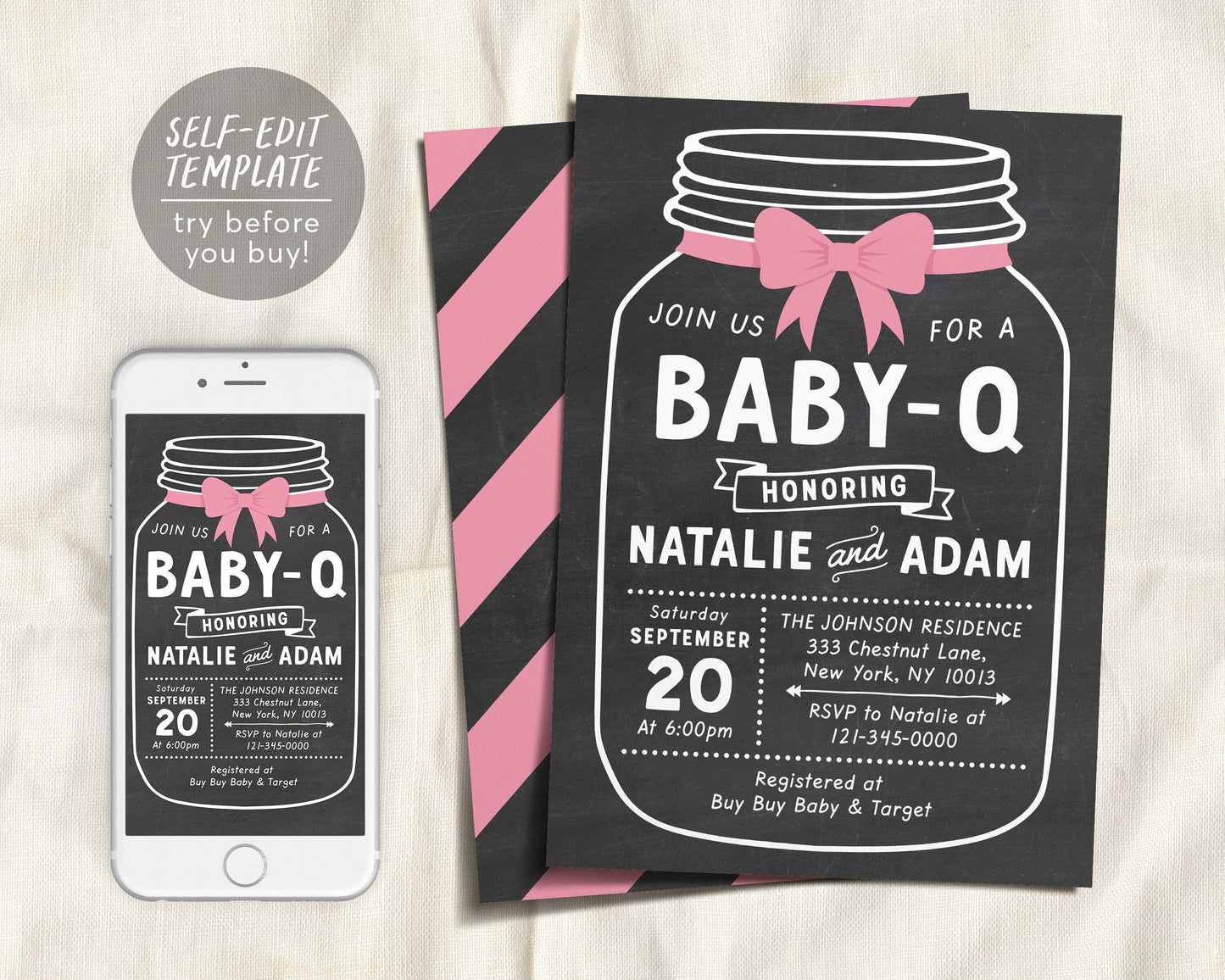 Editable BABY-Q Mason Jar Baby Shower Invitation Template, Rustic Couples Coed Family Babyque Barbecue BBQ Country Backyard Picnic