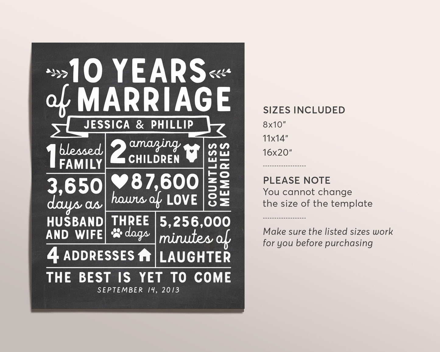 10th Anniversary Gift for Husband or Wife Editable Template, Personalized 10 Year Wedding Chalkboard Sign, Infographic Milestones Memories