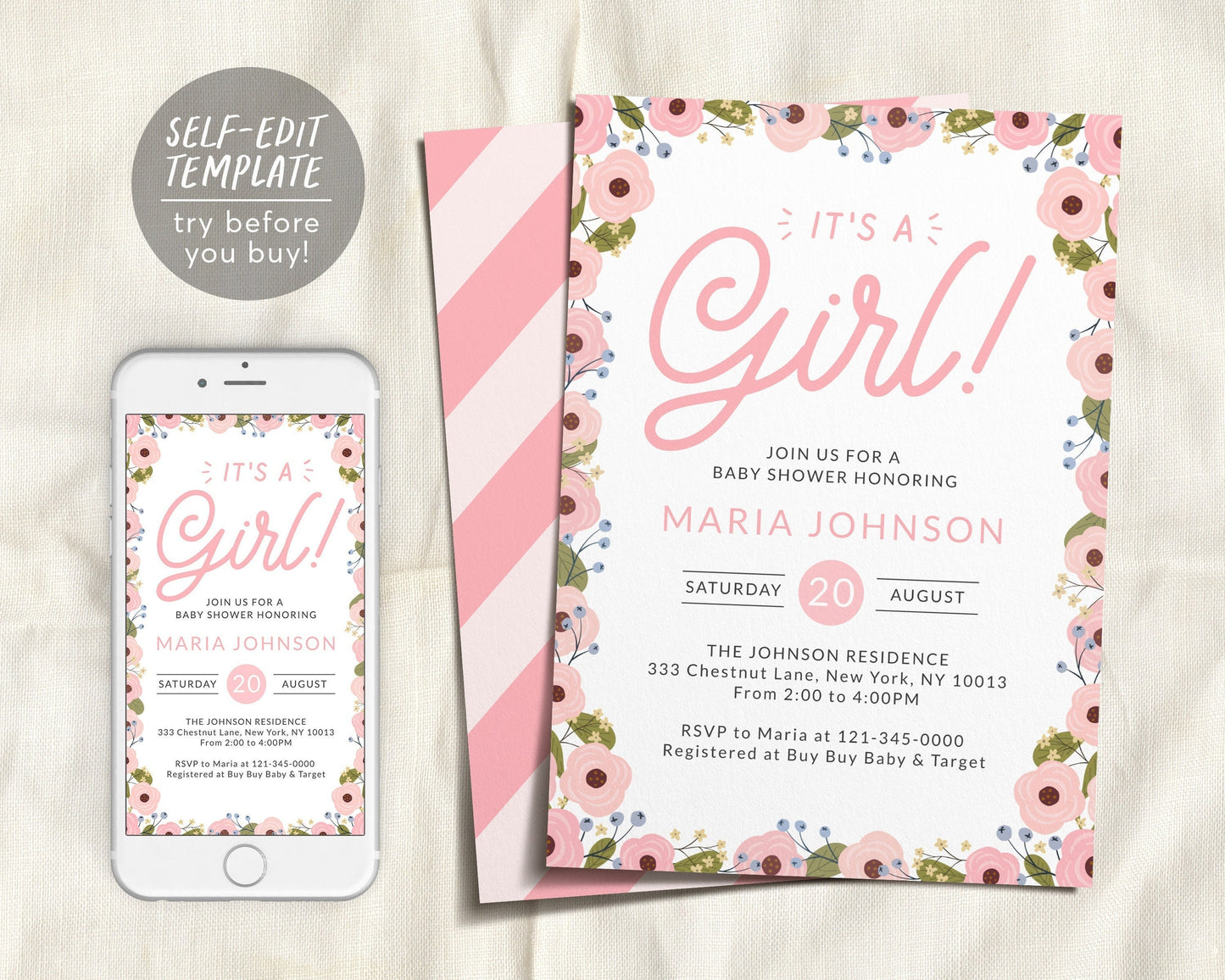Editable Blush Pink Floral Baby Shower Invitation Template, It’s A Girl Invite Evite, Sweet Girl New Mama Spring Flowers Invite Printable