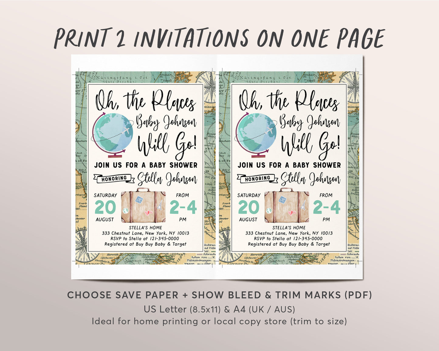 Editable World Map Travel Globe Baby Shower Invitation Template, Oh The Places You Will Go, Adventure Awaits, Welcome to the World, Unisex