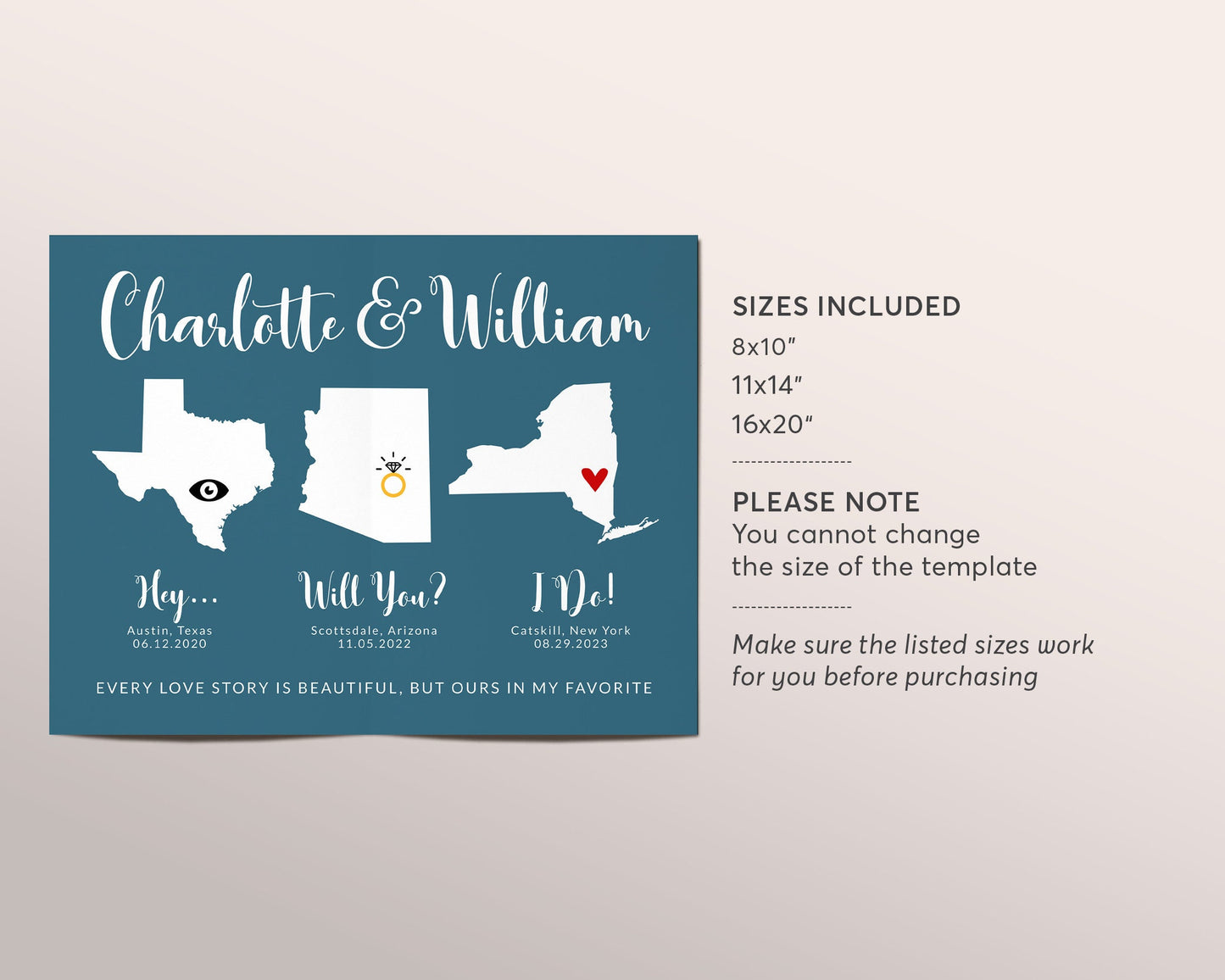 Editable Hello Will You I Do Map Print Template, Custom 3 Map Print, Wedding Anniversary Gift For Couple, Love Story Relationship Timeline