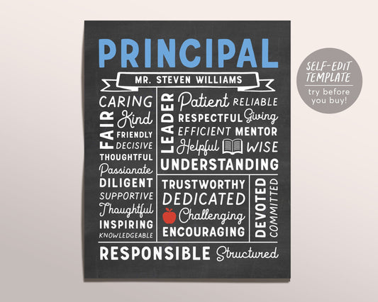 Editable Principal Chalkboard Gift Print Template, Personalized Custom School Principal Appreciation Sign Poster Printable Educator Word Art