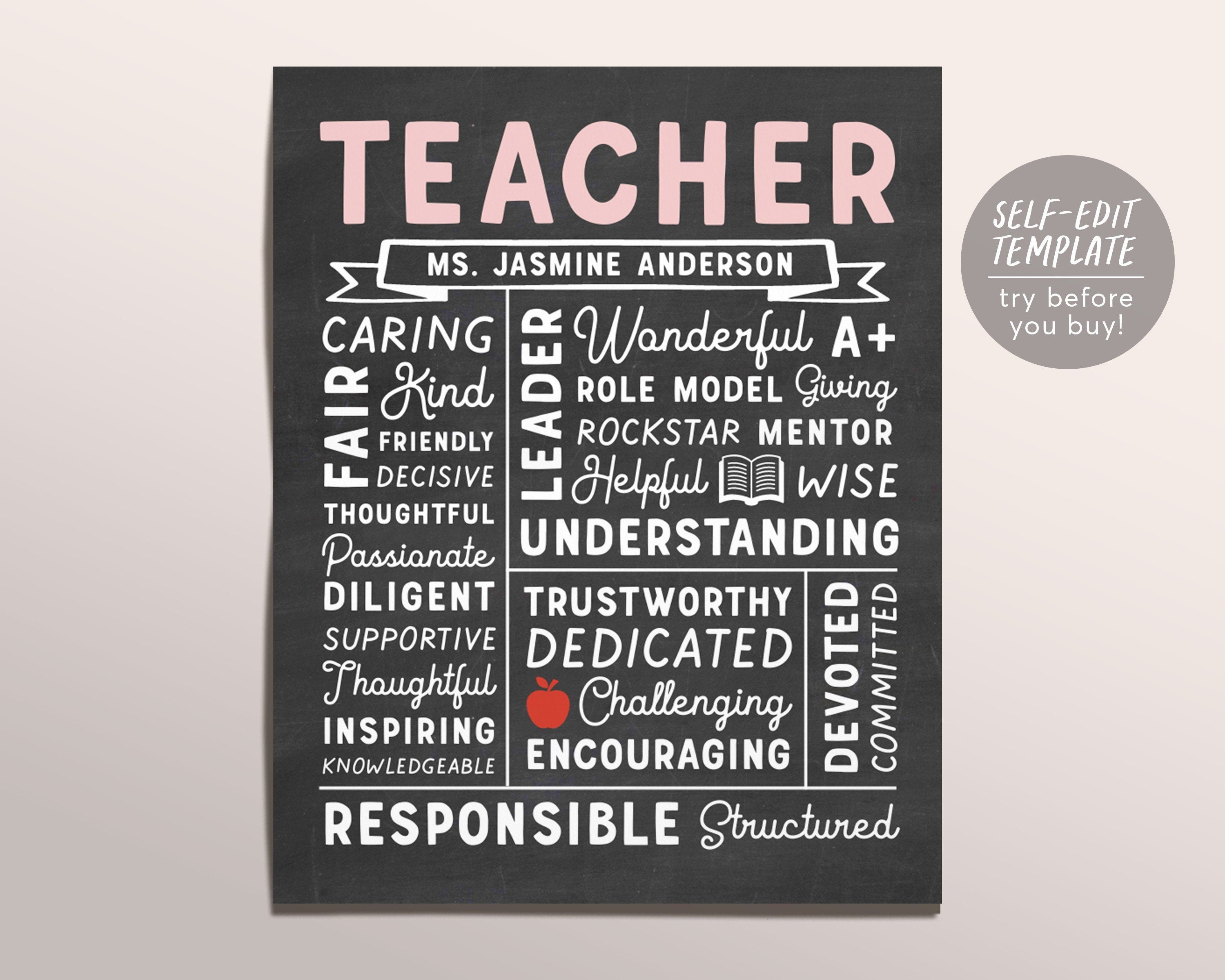 Editable Teacher Chalkboard Gift Print Template, Personalized Teacher ...