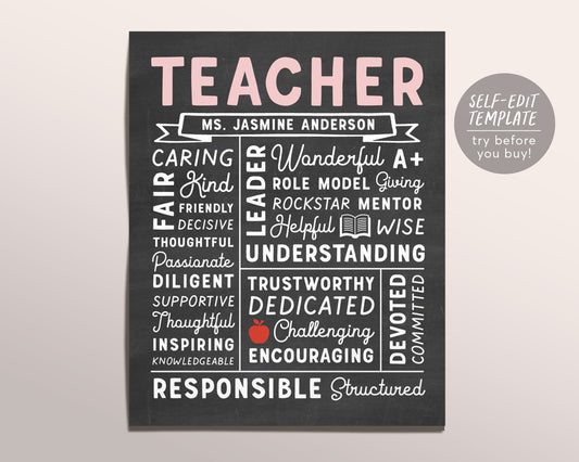 Editable Teacher Chalkboard Gift Print Template, Personalized Teacher's Day Appreciation Year End Gift Sign Printable, Educator Word Art