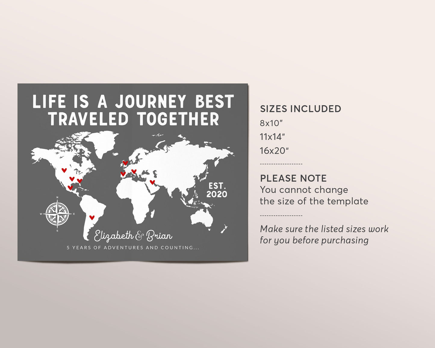 Editable Couples Travel Map Print Template, Life is a Journey Best Traveled Together, Military Nomad Family Places We've Been, Anniversary
