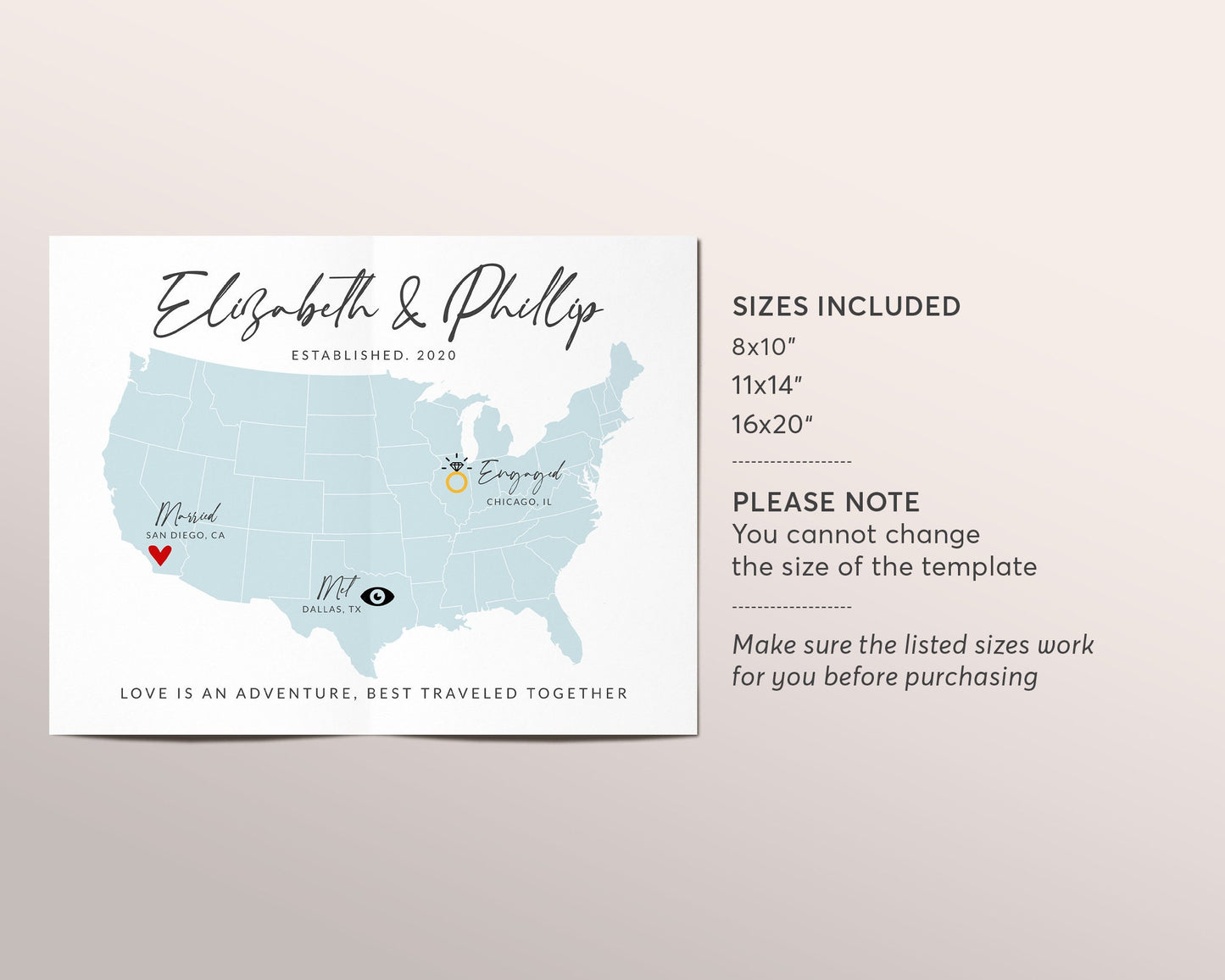 Editable Met Engaged Married USA Map Print Template, Custom First Anniversary Wedding Gift, Valentines Day Gift for Husband Wife, Love Story