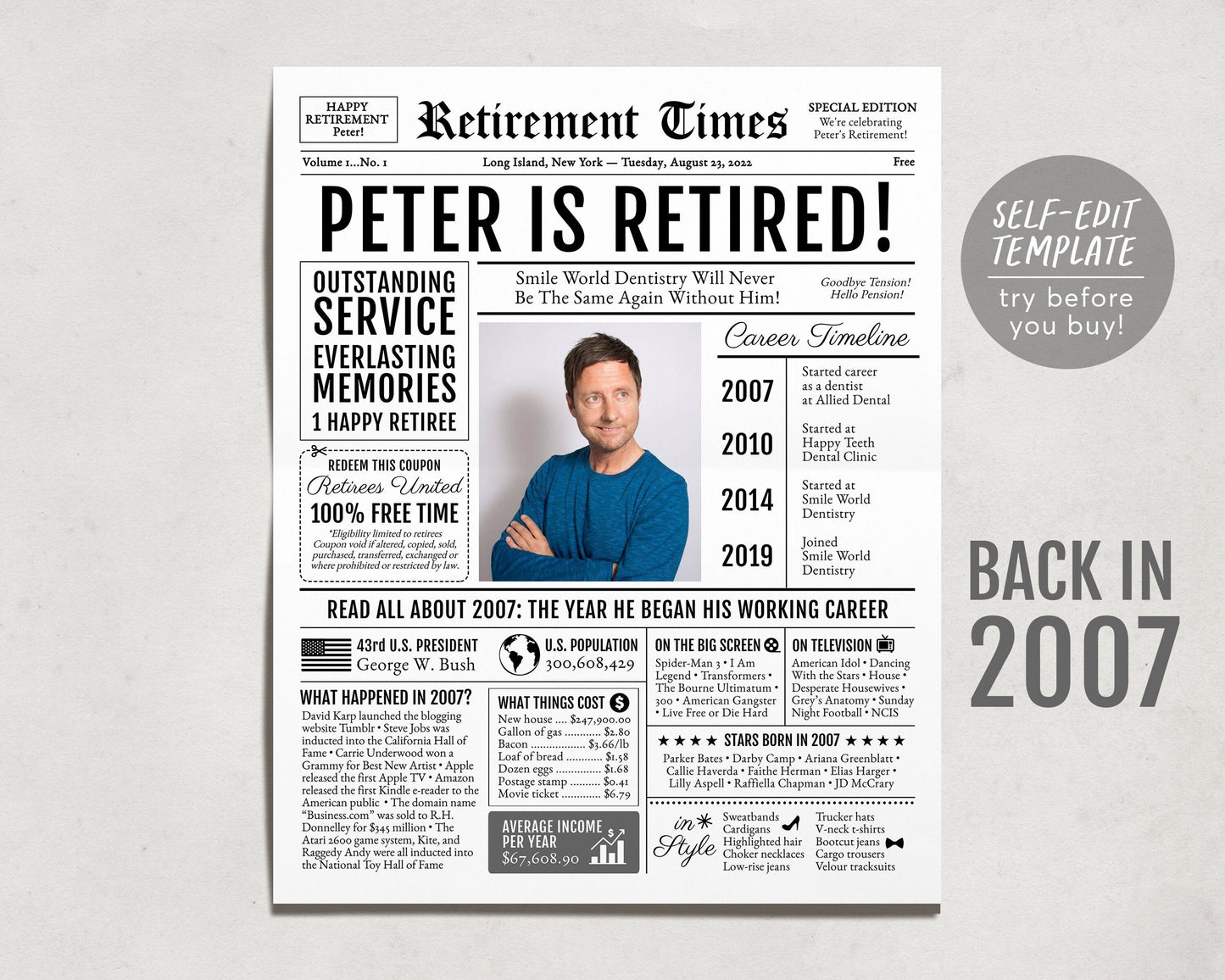 Editable Retirement Celebration Sign, Unique Newspaper Retirement Gifts for Men Women, Dentist Teacher Nurse Gift, History Back in 2007