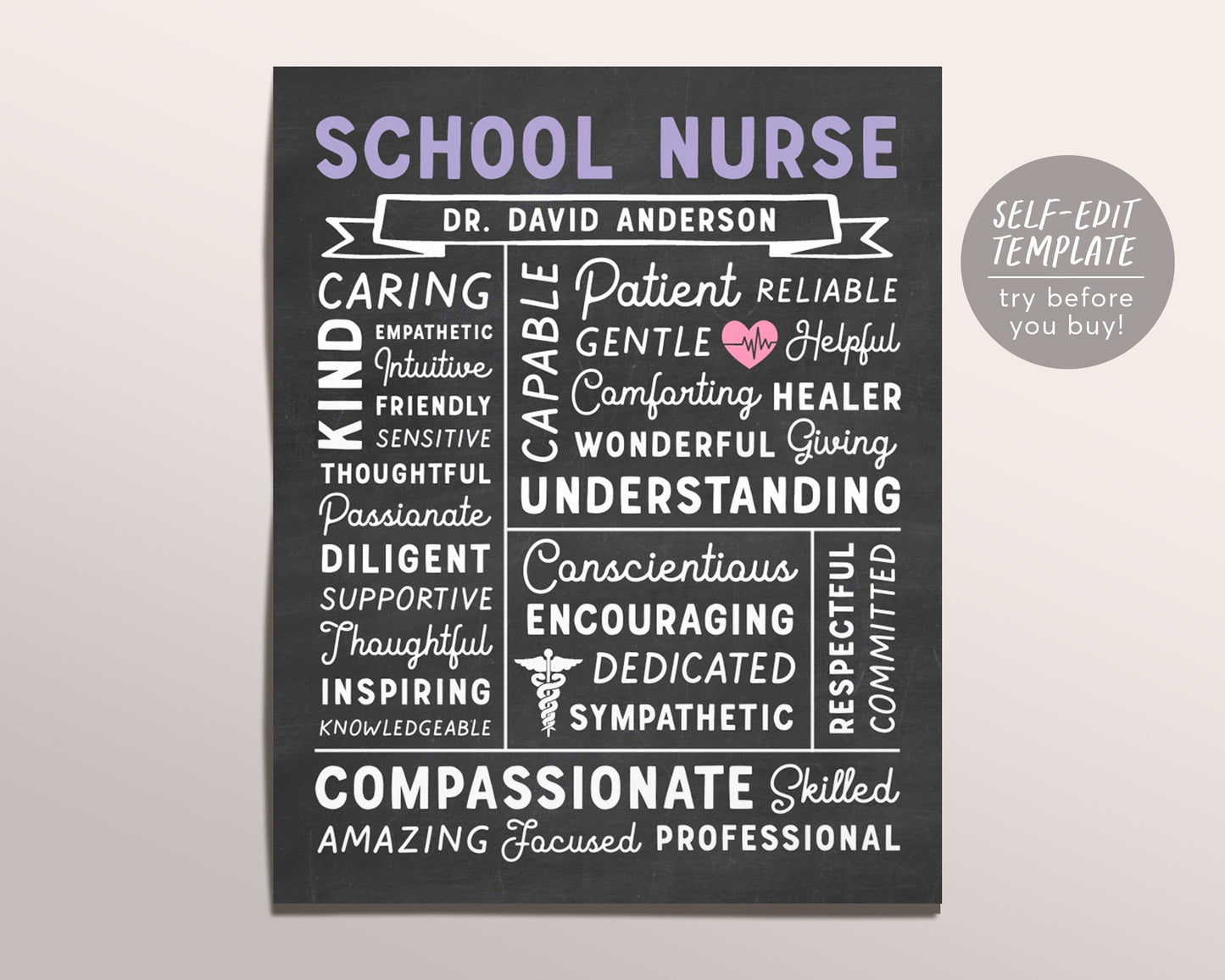 Editable School Nurse Chalkboard Gift Print Template, New Nurse Graduate CNA NP Nursing Appreciation Definition, Thank You Nurses Wall Decor