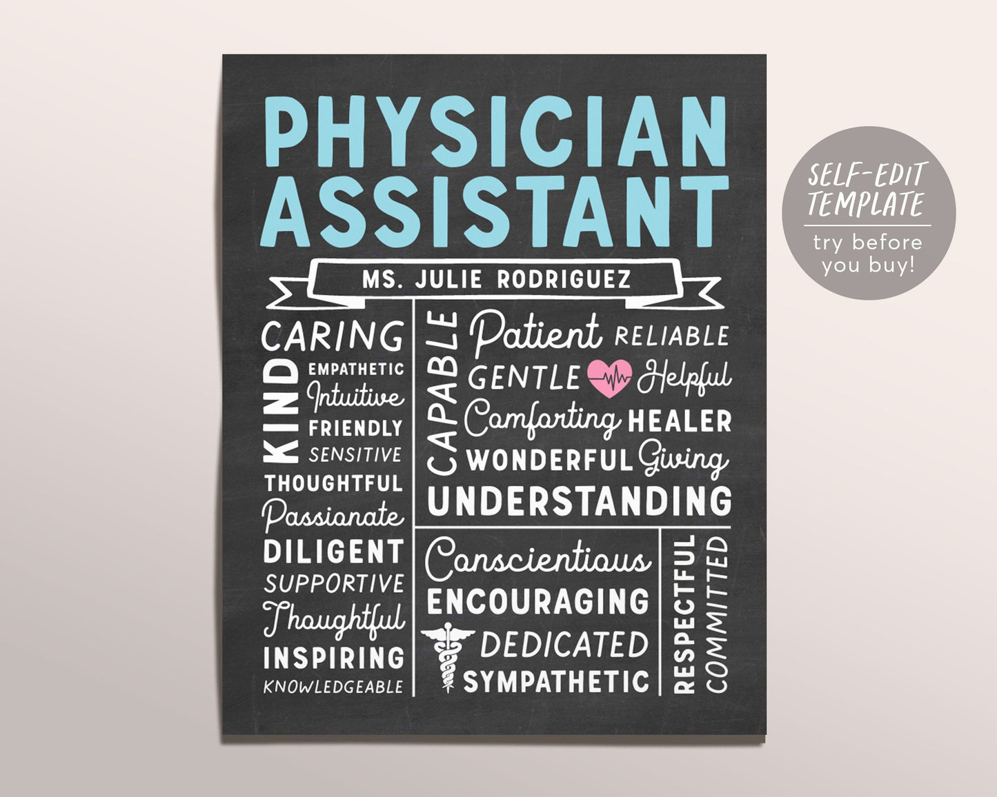 Editable Physician Assistant Chalkboard Gift Print Template, PA Graduation Appreciation Print Poster, Medical Professionals National PA Week