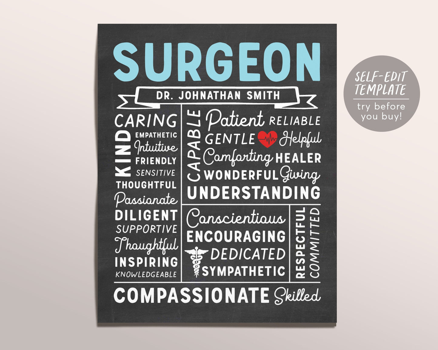 Editable Surgeon Chalkboard Gift Print Template, New Doctor Appreciation Definition Print Poster, Graduation Medical Student Physician Decor