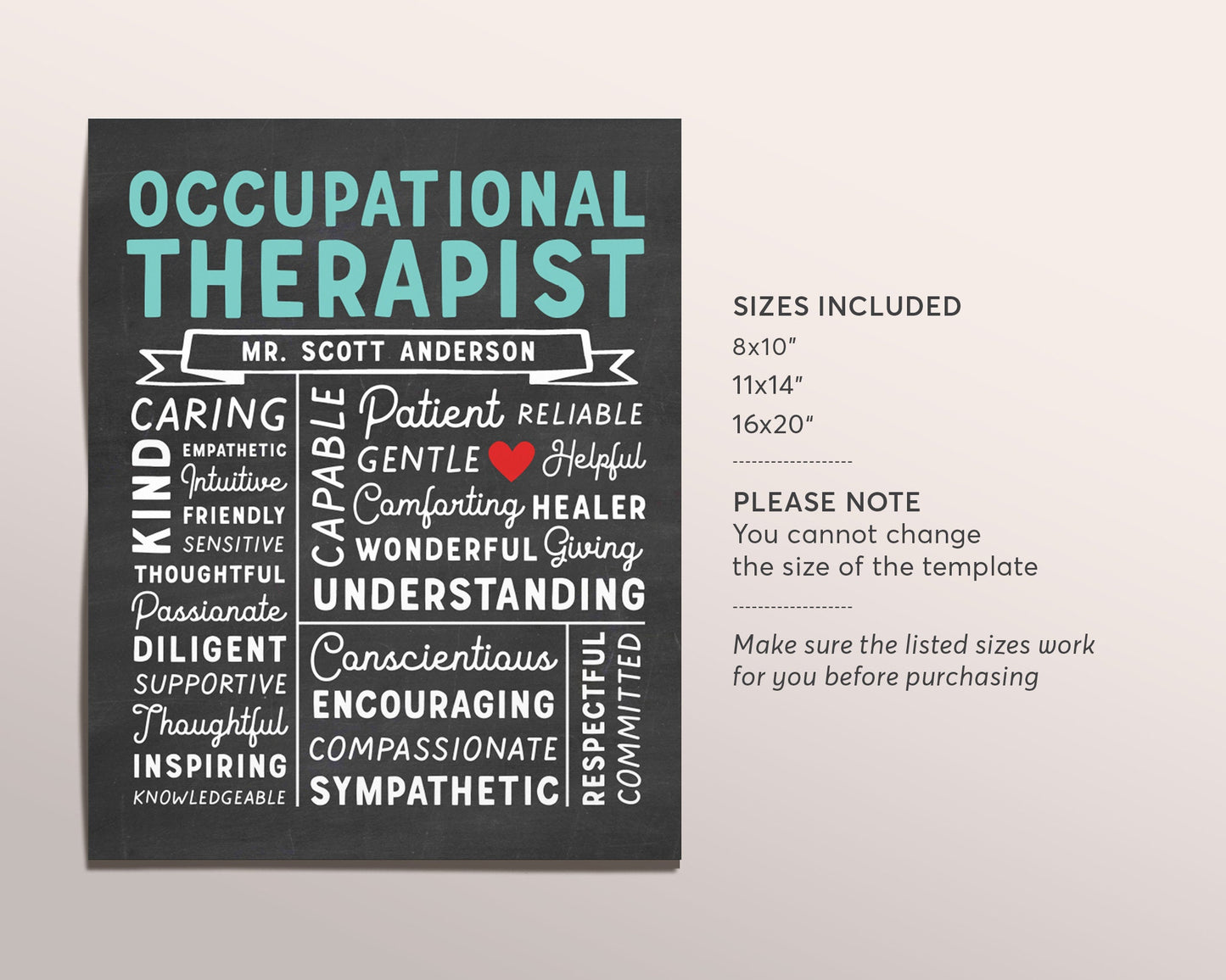Editable Occupational Therapist Chalkboard Gift Print Template, COTA OT Graduate Physical Therapy Physiotherapy Appreciation Christmas