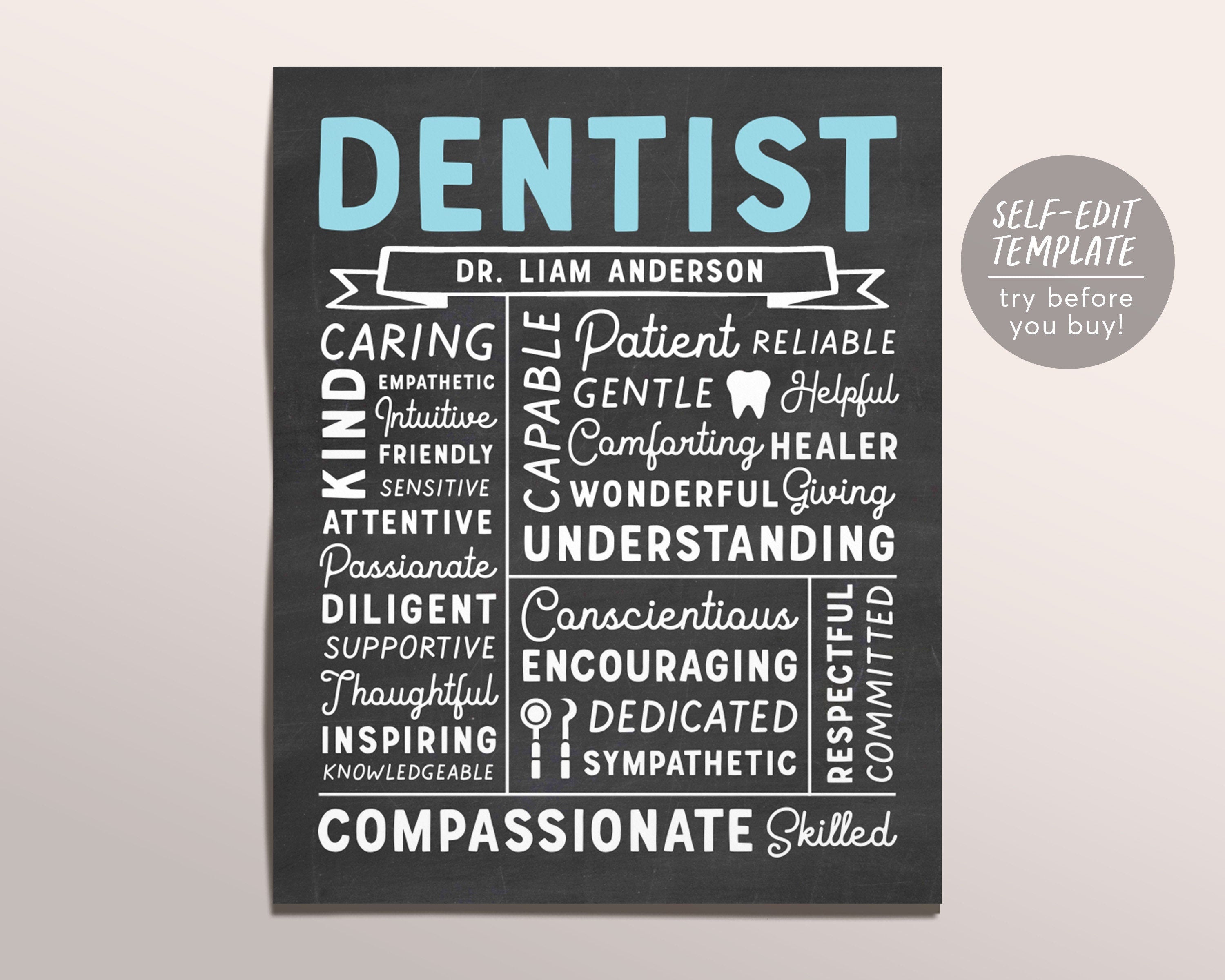 Editable Dentist Chalkboard Gift Print Template, New Dentist DMD DDS A ...