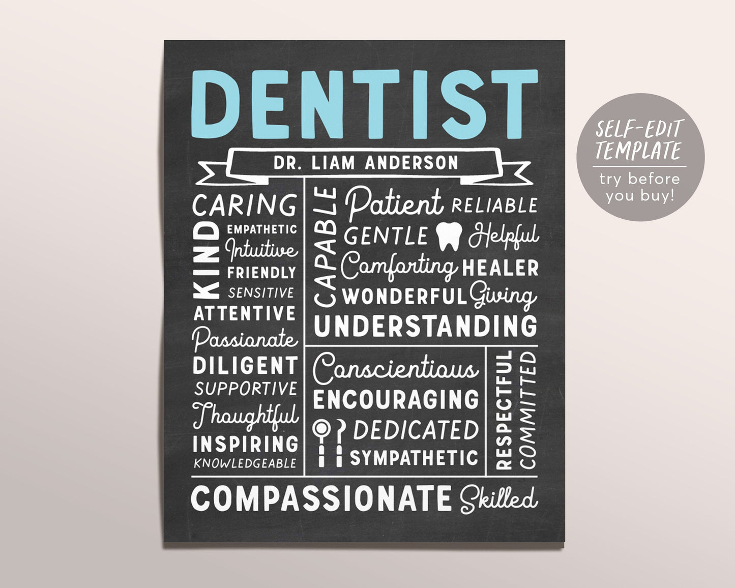 Editable Dentist Chalkboard Gift Print Template, New Dentist DMD DDS Appreciation Thank You, Graduation Dental Student Office Sign