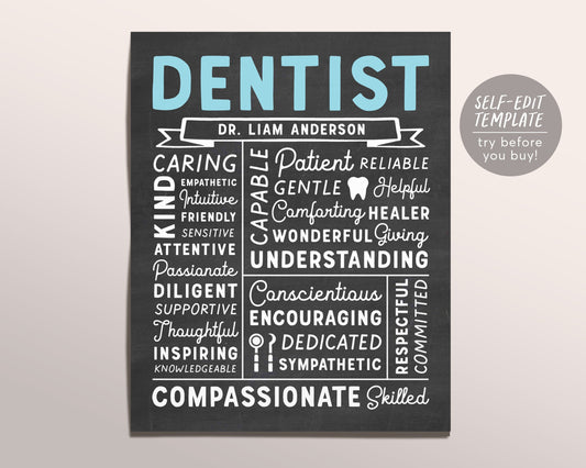Editable Dentist Chalkboard Gift Print Template, New Dentist DMD DDS Appreciation Thank You, Graduation Dental Student Office Sign