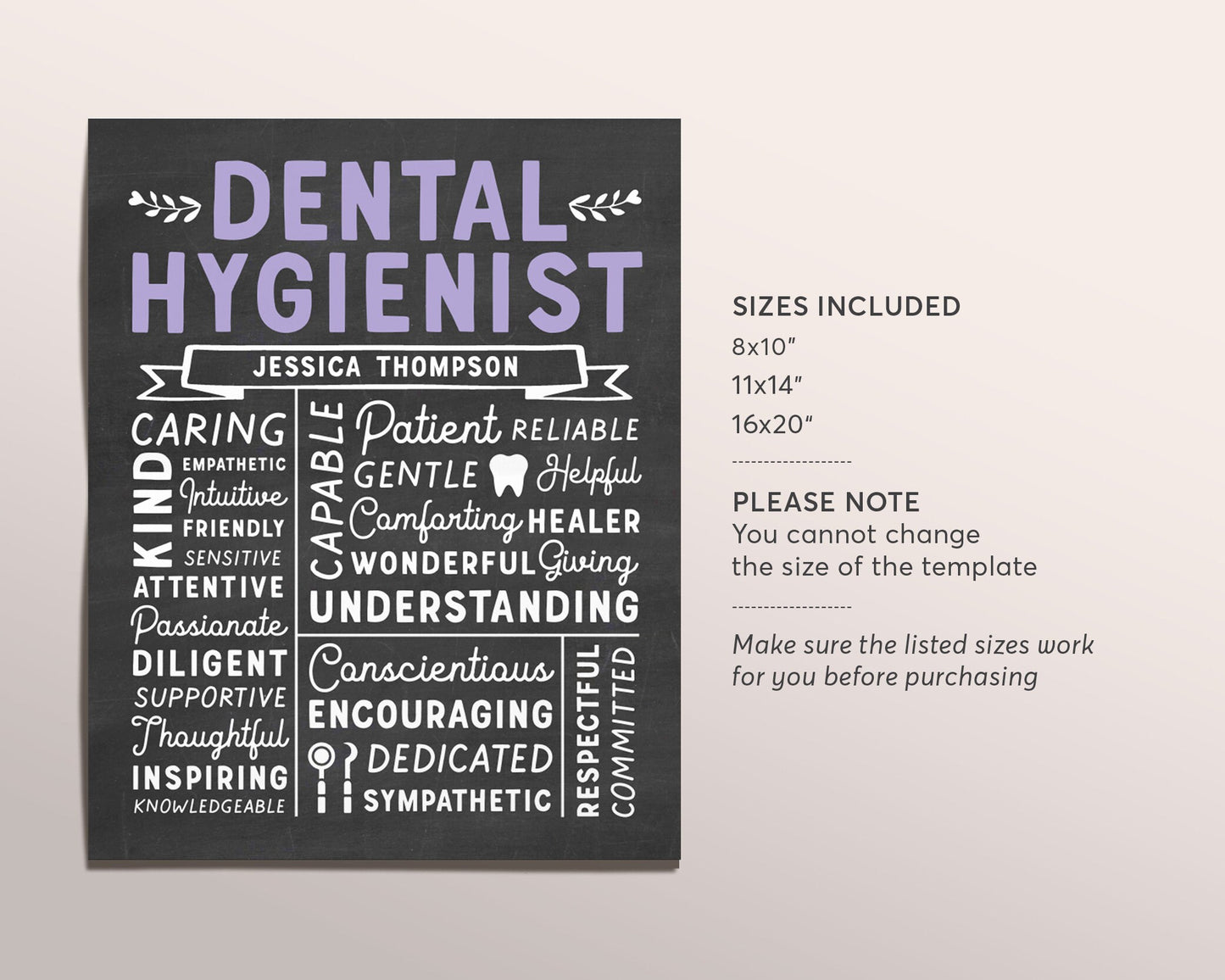Editable Dental Hygienist Chalkboard Gift Print Template, New Oral Hygienist Appreciation Thank You, Graduation Dental Assistant Office Sign