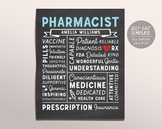 Editable Pharmacist Chalkboard Gift Print Template, PharmD Graduation Appreciation, Doctor Of Pharmacy Tech Print, National Pharmacist Day
