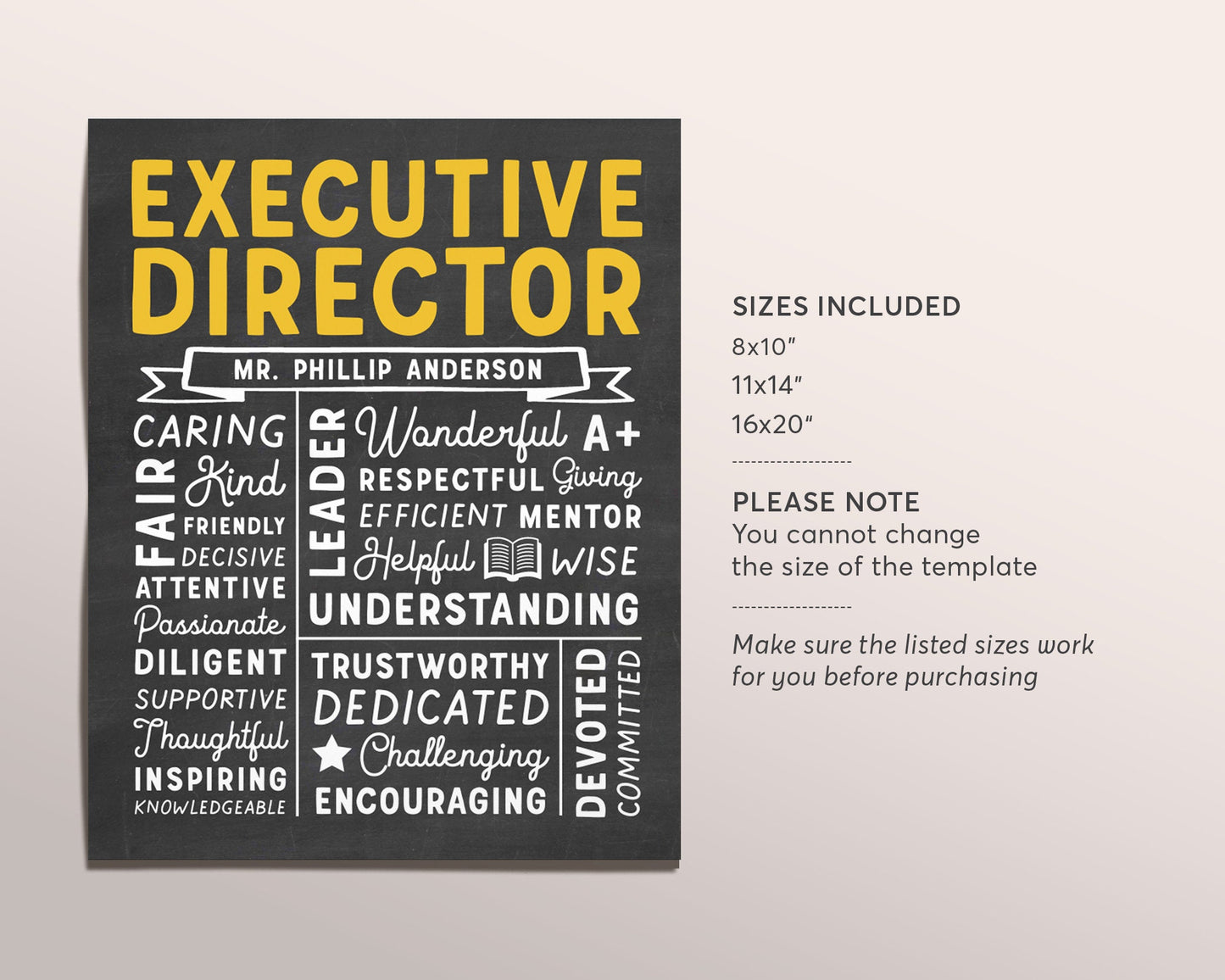 Editable Executive Director Chalkboard Gift Print Template, Personalized School Principal Learning Director Appreciation Educator Christmas