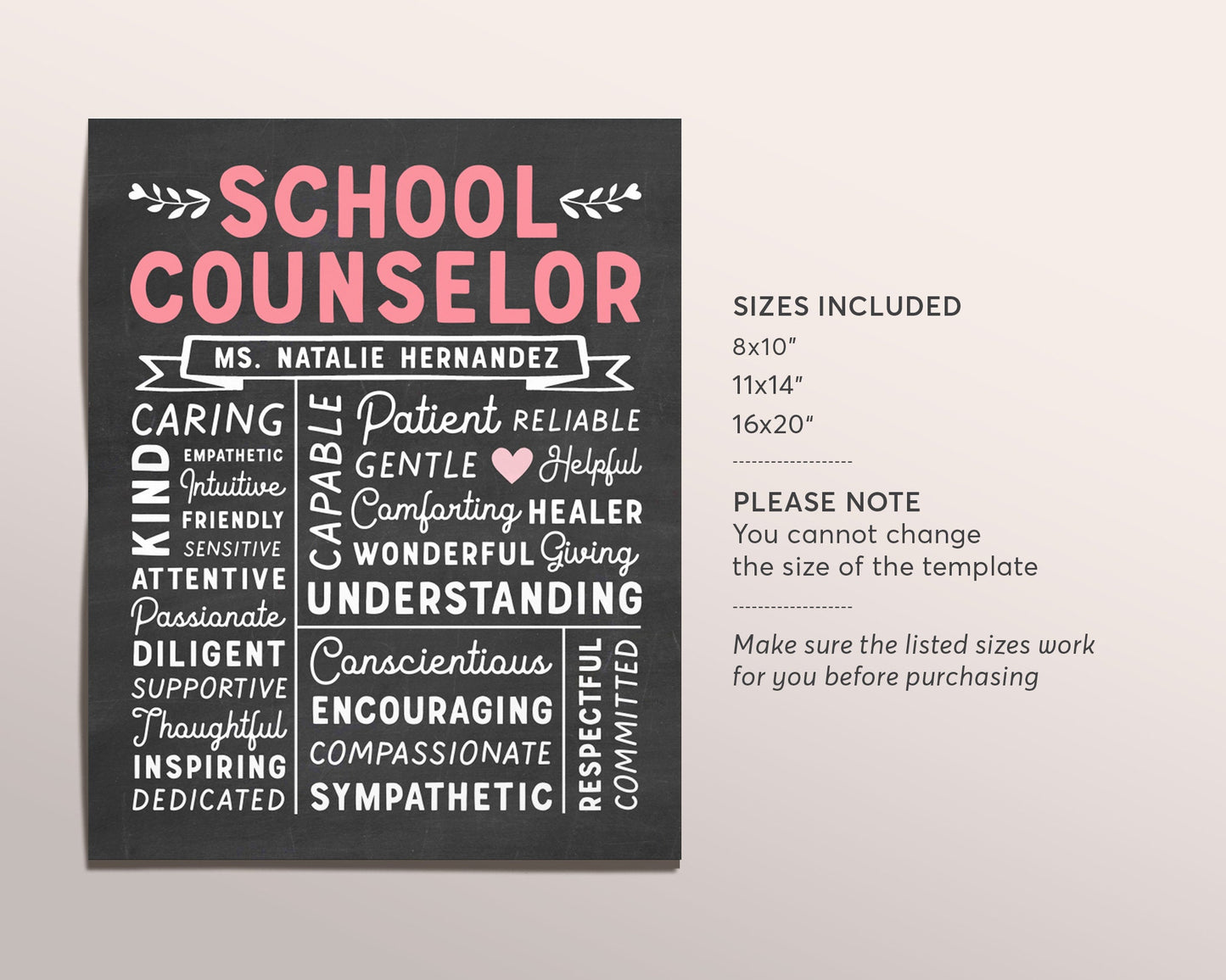 Editable School Counselor Chalkboard Gift Print Template, Personalized Social Worker Psychologist Appreciation Sign, Counseling Office
