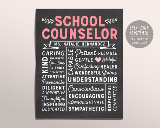 Editable School Counselor Chalkboard Gift Print Template, Personalized Social Worker Psychologist Appreciation Sign, Counseling Office
