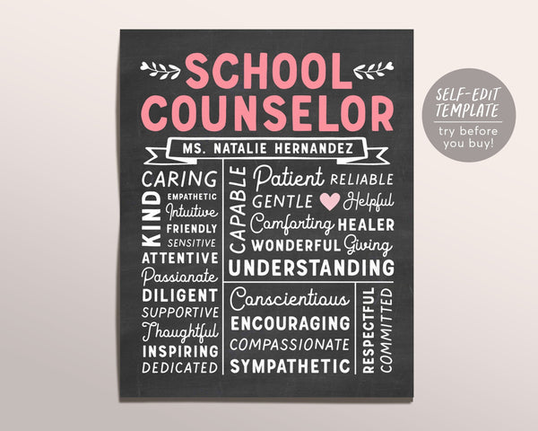 Editable School Counselor Chalkboard Gift Print Template, Personalized ...