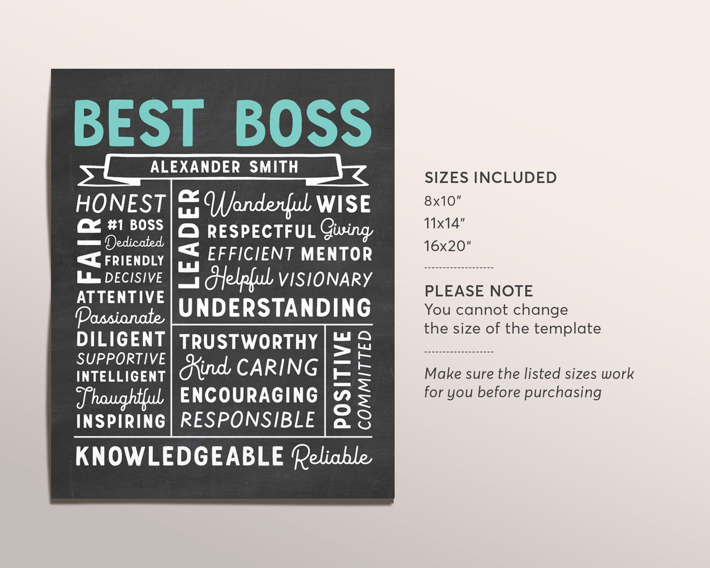 Editable Best Boss Chalkboard Gift Print Template, Unique Leader Definition Boss Lady Mentor Coworker Colleague Appreciation Sign Christmas