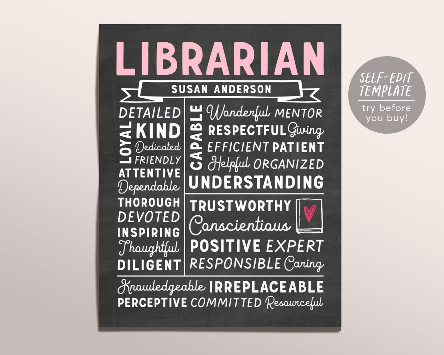 Editable Librarian Chalkboard Gift Print Template, School Librarian Assistant Personalized Thank You Christmas Gift Public Library