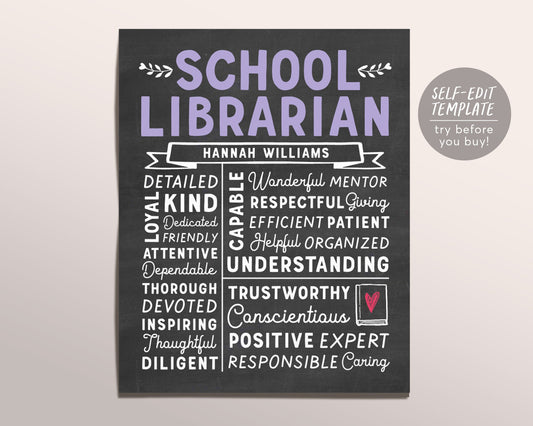 Editable School Librarian Chalkboard Gift Print Template, Librarian Assistant Personalized Thank You Christmas Gift Public Library
