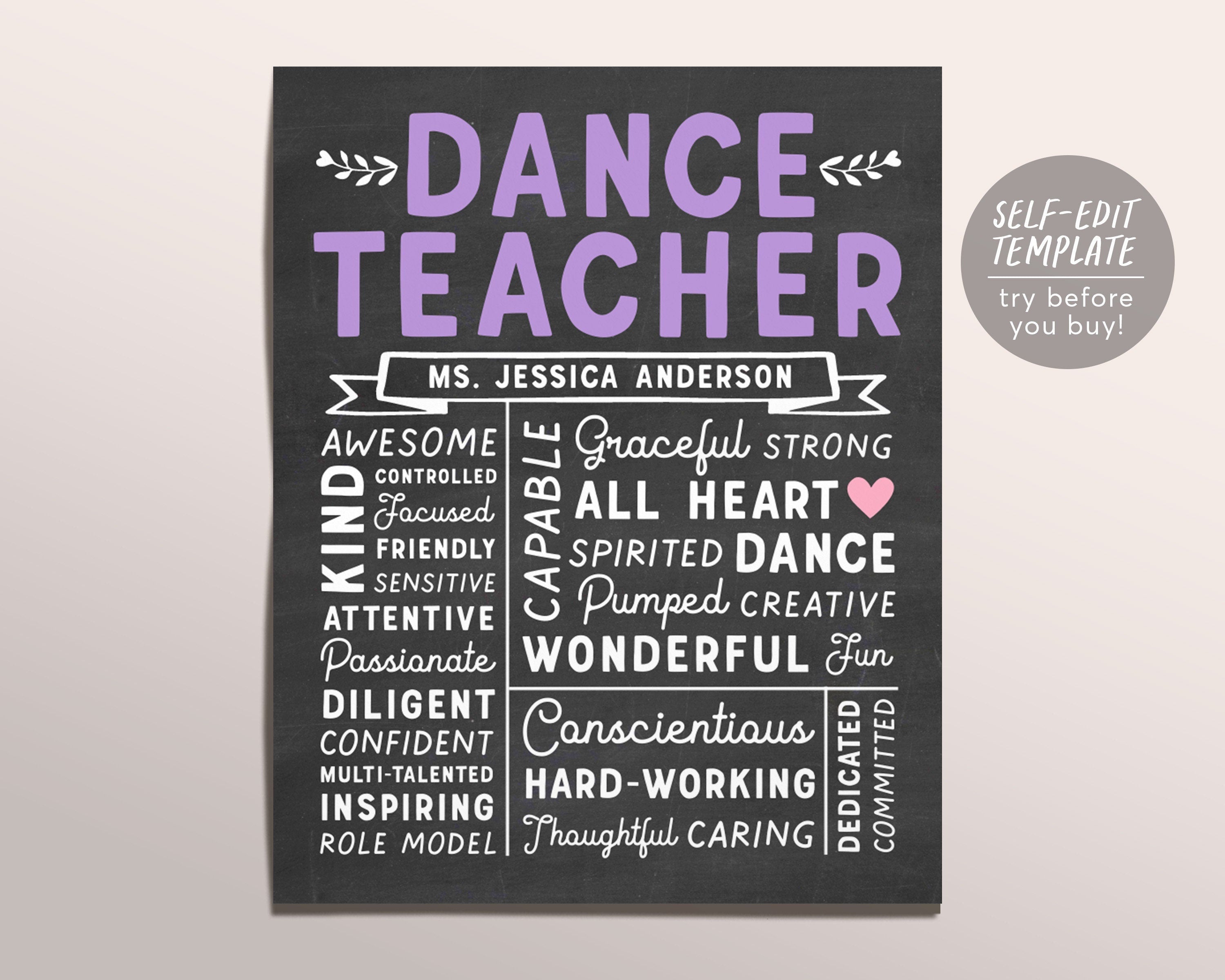 Editable Dance Teacher Chalkboard Gift Print Template, Dancer Ballet B ...