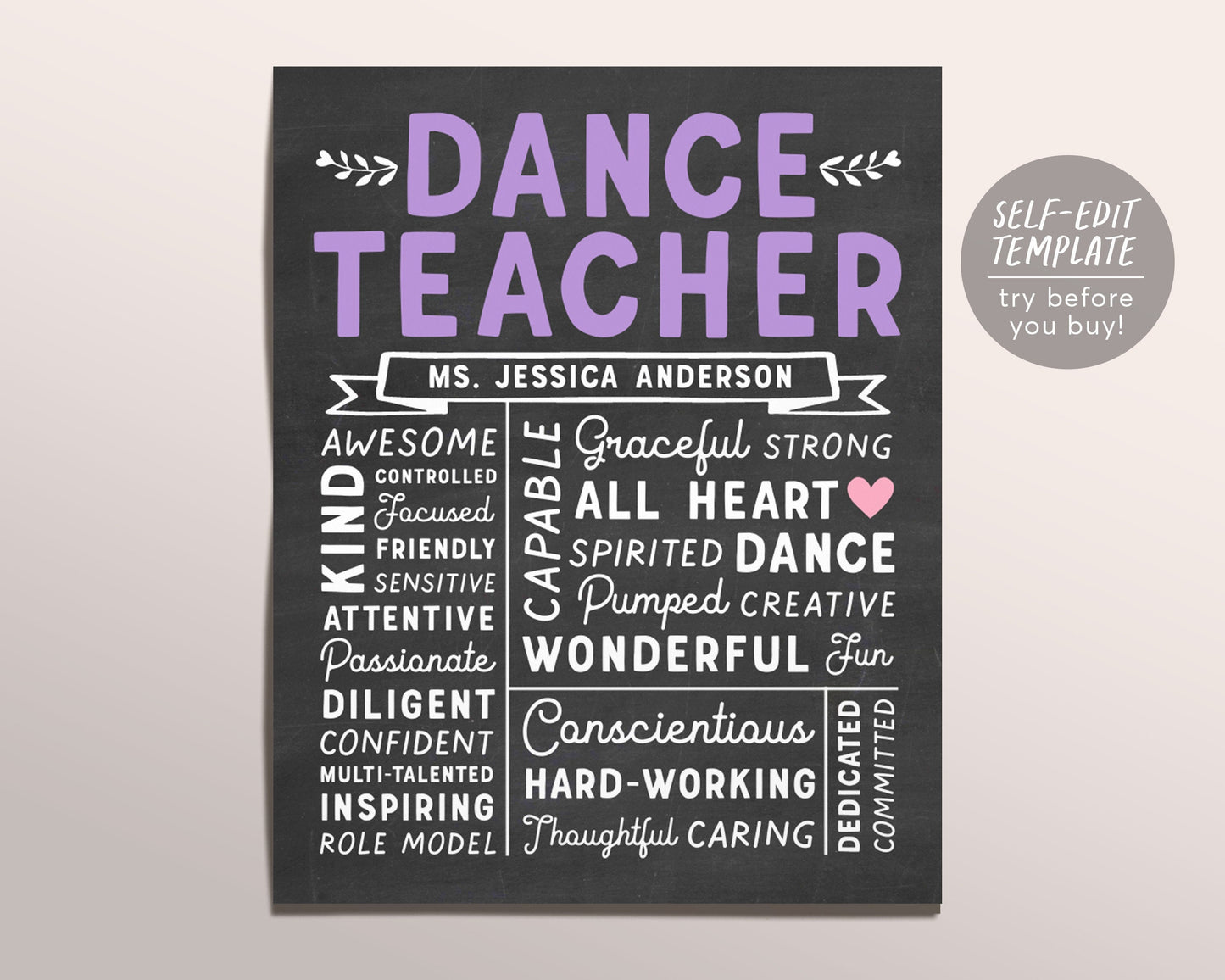 Editable Dance Teacher Chalkboard Gift Print Template, Dancer Ballet Ballerina Dance Recital Gift Printable Definition Custom Birthday Gift
