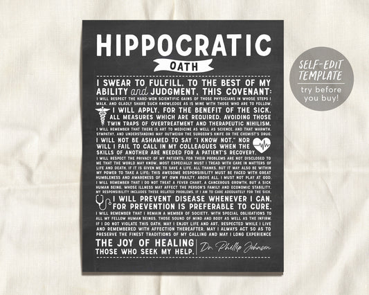 Editable Hippocratic Oath Chalkboard Gift Print Template, Oath of Hippocrates Doctor Medical Student Graduation Art, Doctor Office Decor