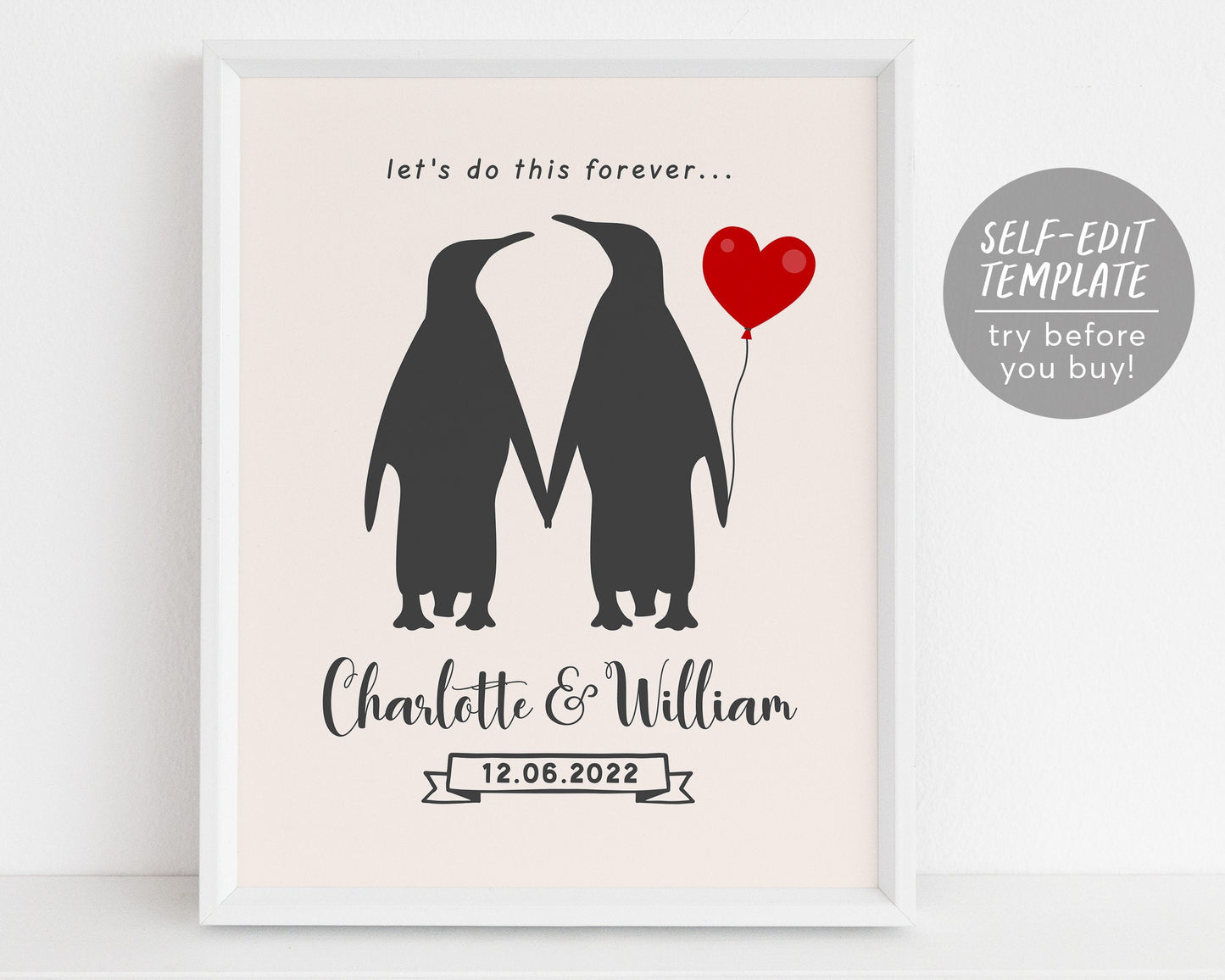 Editable Penguins In Love Engagement Gift Template, Valentines Day Gift for Her Wife, First 1st Anniversary Gift for Bride Groom Husband