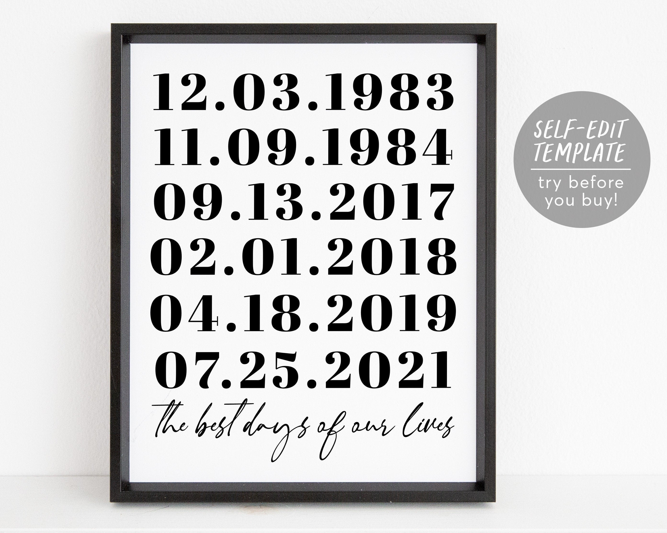 Important Dates Sign Editable Template The Best Days of our Lives Personalized Birth Date Sign Custom Date Sign Family Dates Wall Art