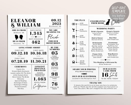 Editable Infographic Wedding Program Template, Minimalist Black and White Wedding Itinerary, Wedding Day Timeline, Ceremony Order of Events
