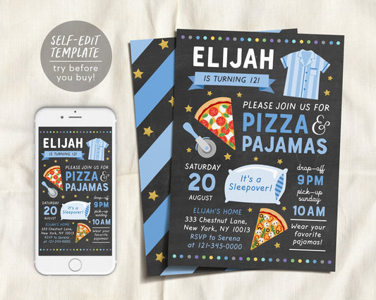 Editable Pizza and Pajamas Party Invitation Template, Kids Birthday Party Invite, Sleepover Party, Boy Teen Tween Printable, PJ Pyjamas