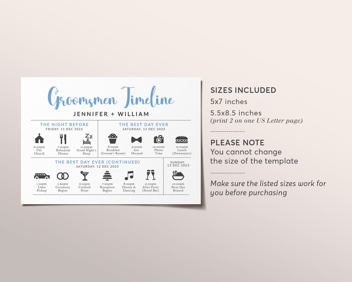 Editable Wedding Day Timeline Groomsmen Itinerary Template, Wedding Weekend Schedule Party Agenda Printable Handout, Order of Events Guys