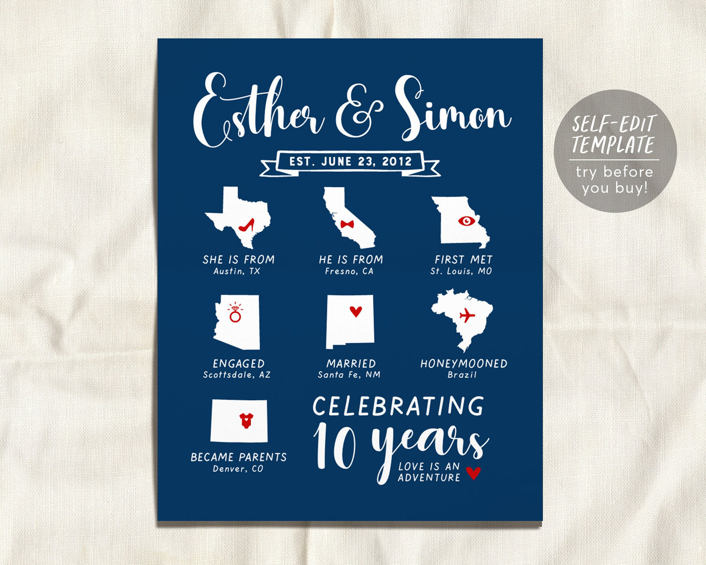 Editable 10th Anniversary Map Infographic Template, Met Engaged Married, Our Love Story, Personalized Ten Year Wedding Gift For Wife Husband