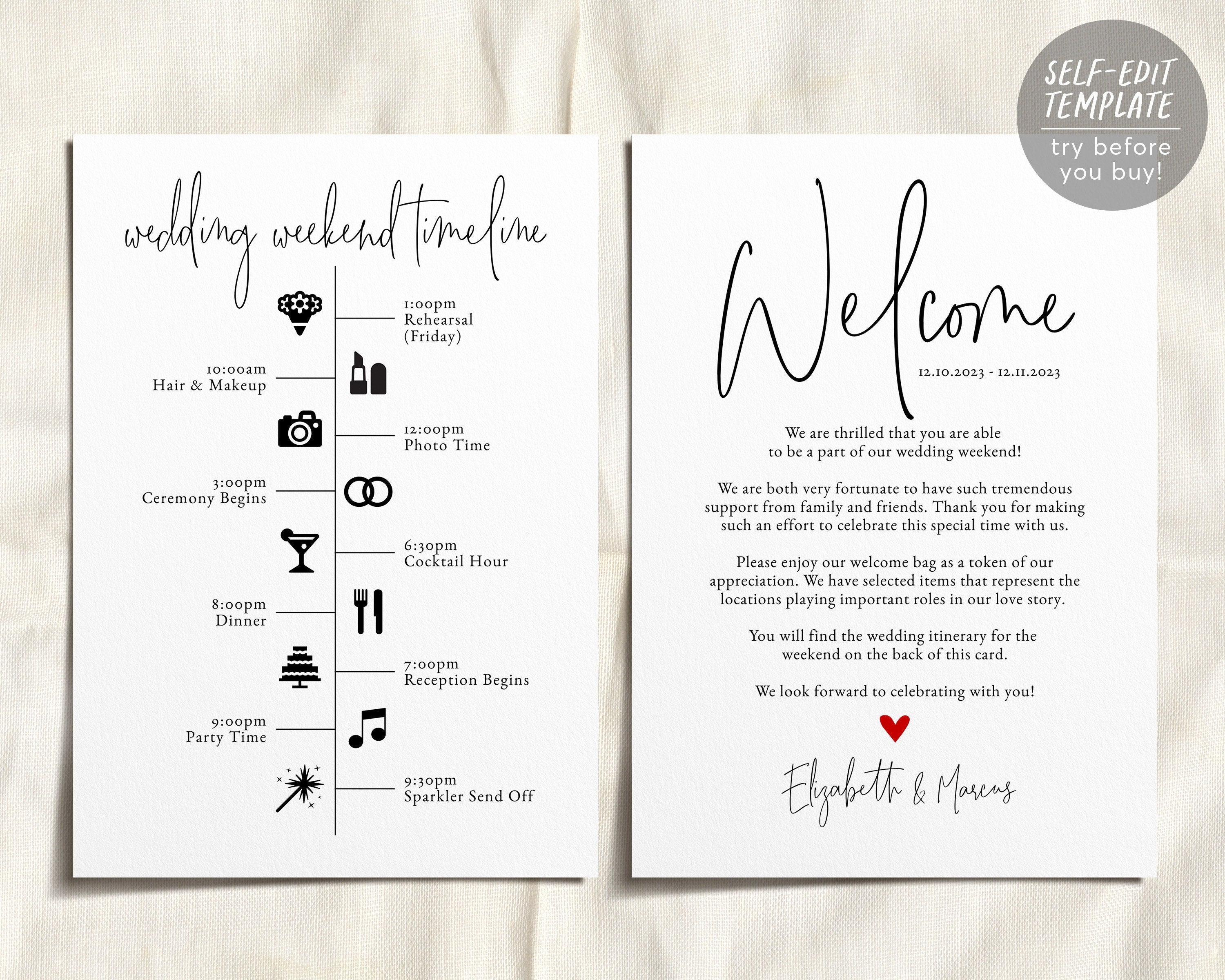 Editable Wedding Schedule Template, Printable Wedding Weekend Timeline ...