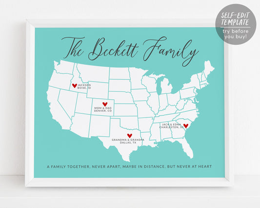 Editable Long Distance Family Gift Template, Personalized Moving Gift for Family Mom Dad Grandma, Custom States, Parents Going Away Gift