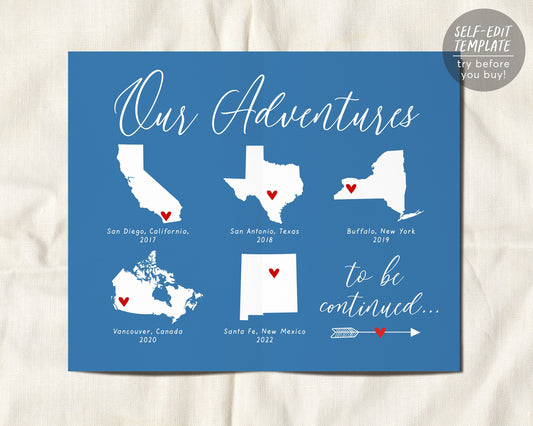 Editable Custom Travel Map Print Template, Our Adventures, Anniversary Map Infographic, Places We've Where We Have Been, Gift Husband Wife