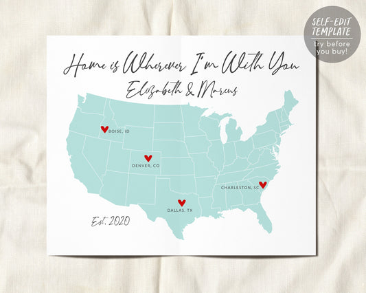 Editable Home is Wherever Im With You Travel Map Template, Military Nomad Family Print, Places We've Been, Our Life Journey, Long Distance