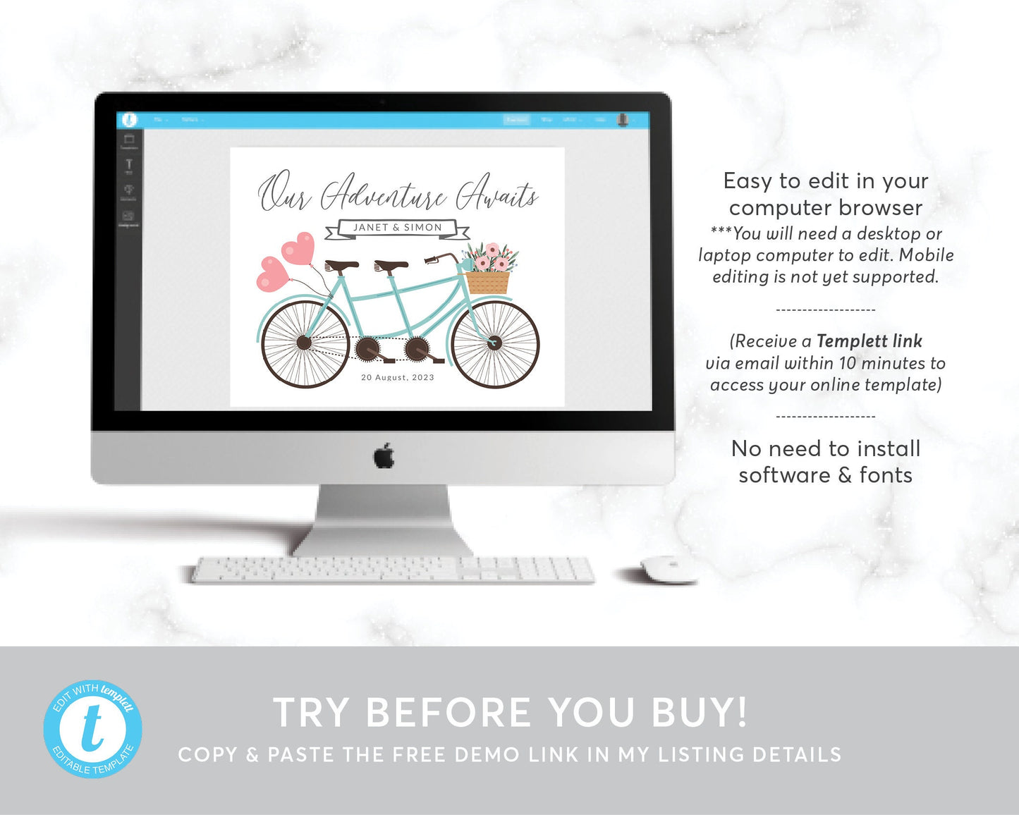 Editable Tandem Bicycle Wedding Gift Template, Our Adventure Awaits, Personalized Newlywed Gift, Engagement Valentines Day Poster, Bicycle