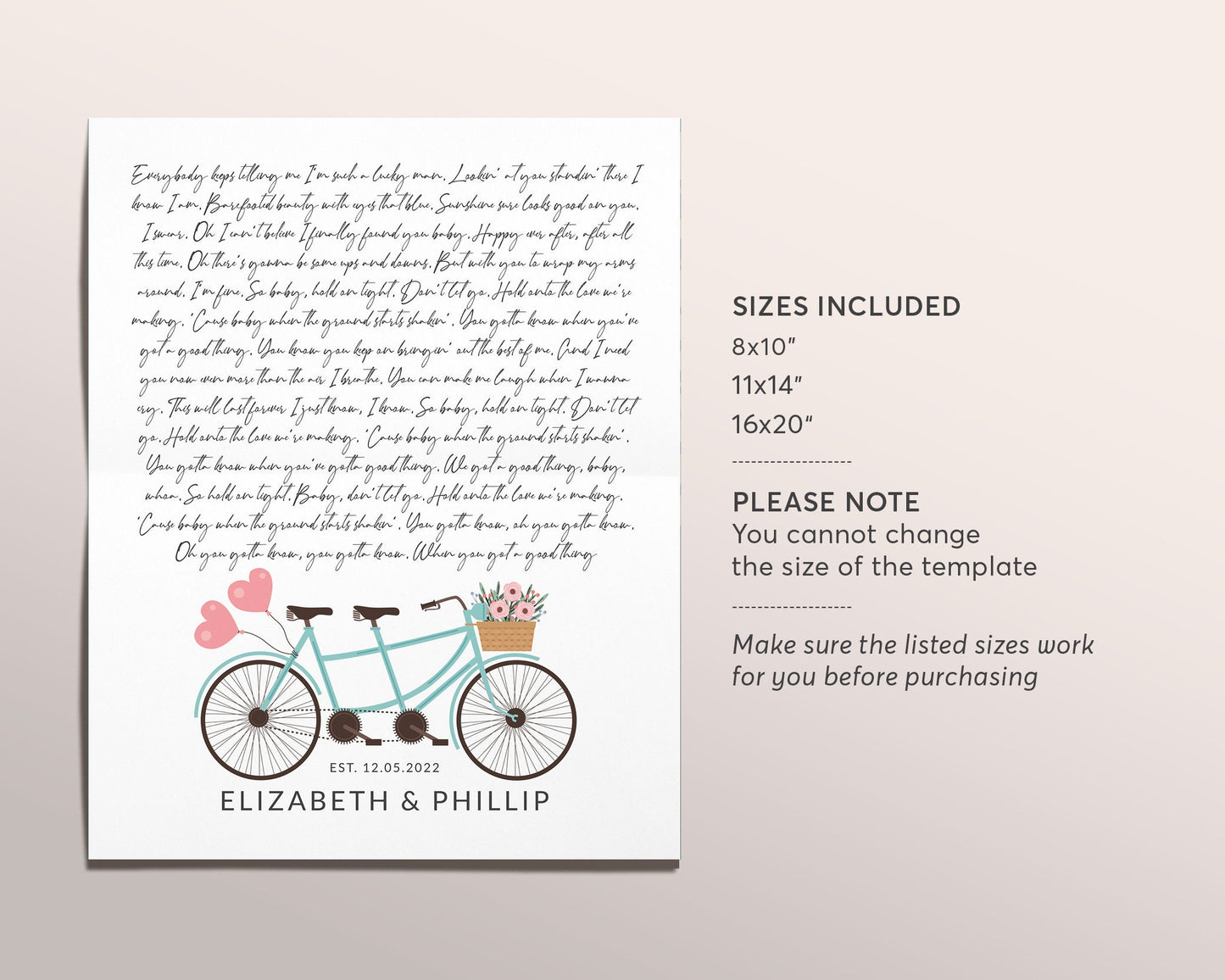 Editable Custom Wedding Song Lyrics Template, First Dance Print, Wedding Memory Keepsake, Tandem Bike, First 1st Anniversary Wedding Gift