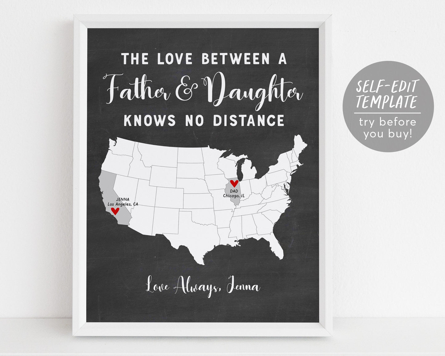Editable Father Long Distance Map Gift From Daughter Template, Going Away Christmas Gift Birthday Gift For Dad Family, Fathers Day Gift