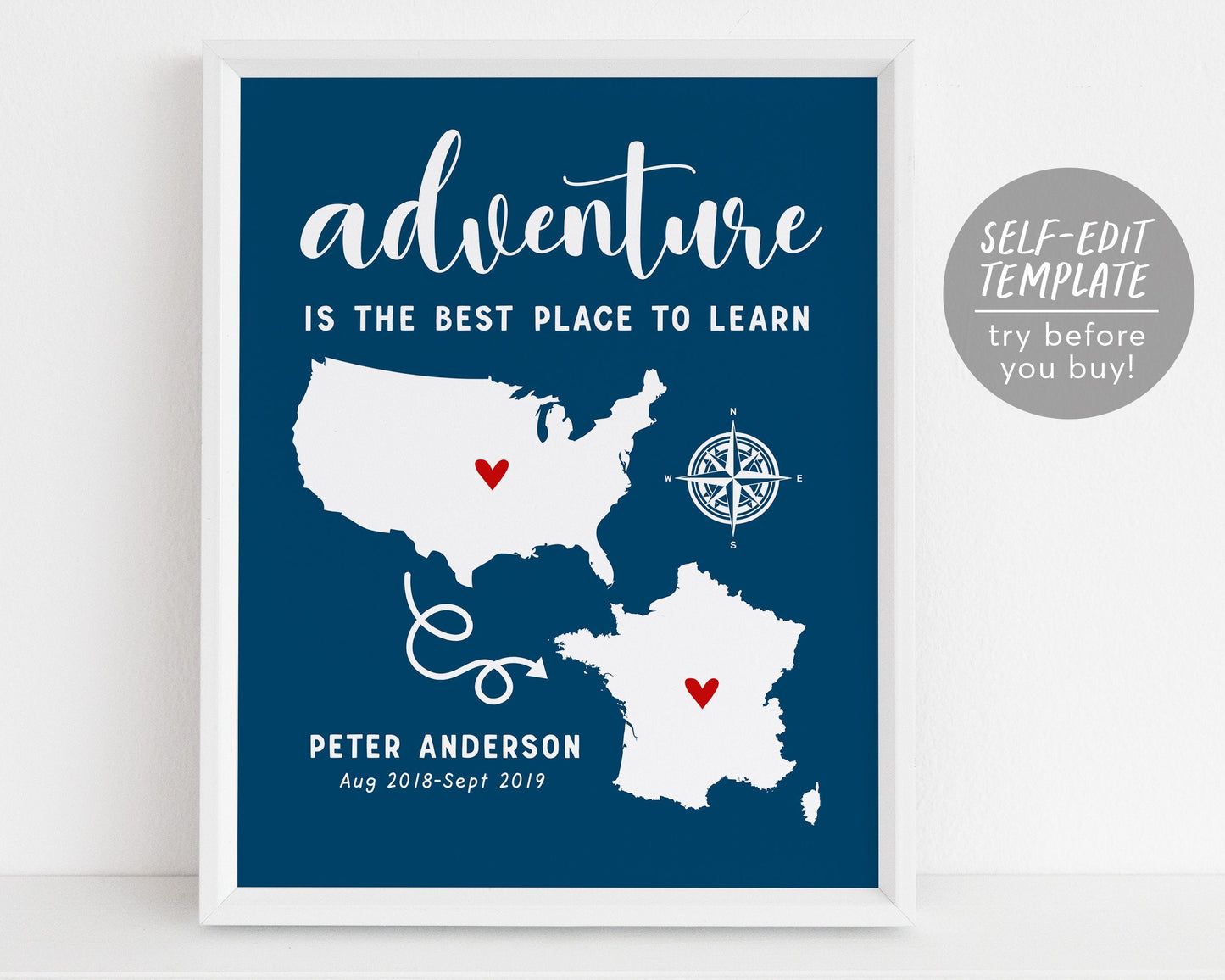Editable Study Abroad Map Keepsake Gift Template, Foreign Exchange Student, Studying Overseas, Adventure Quote, World Map, Hosted Student