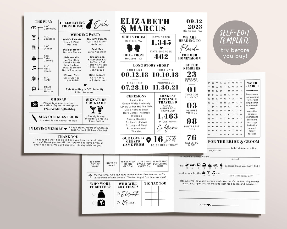 Modern Wedding Bifold Program Editable Template, Black and White Itine ...