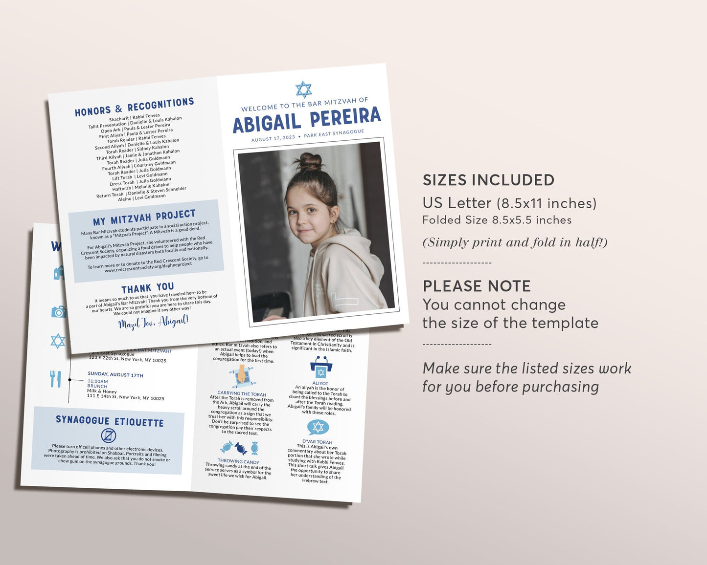 Editable Jewish Bar or Bat Mitzvah Bifold Program Infographic Template, Modern Mitzvah Itinerary Timeline Booklet, Hotel Welcome Bag Note
