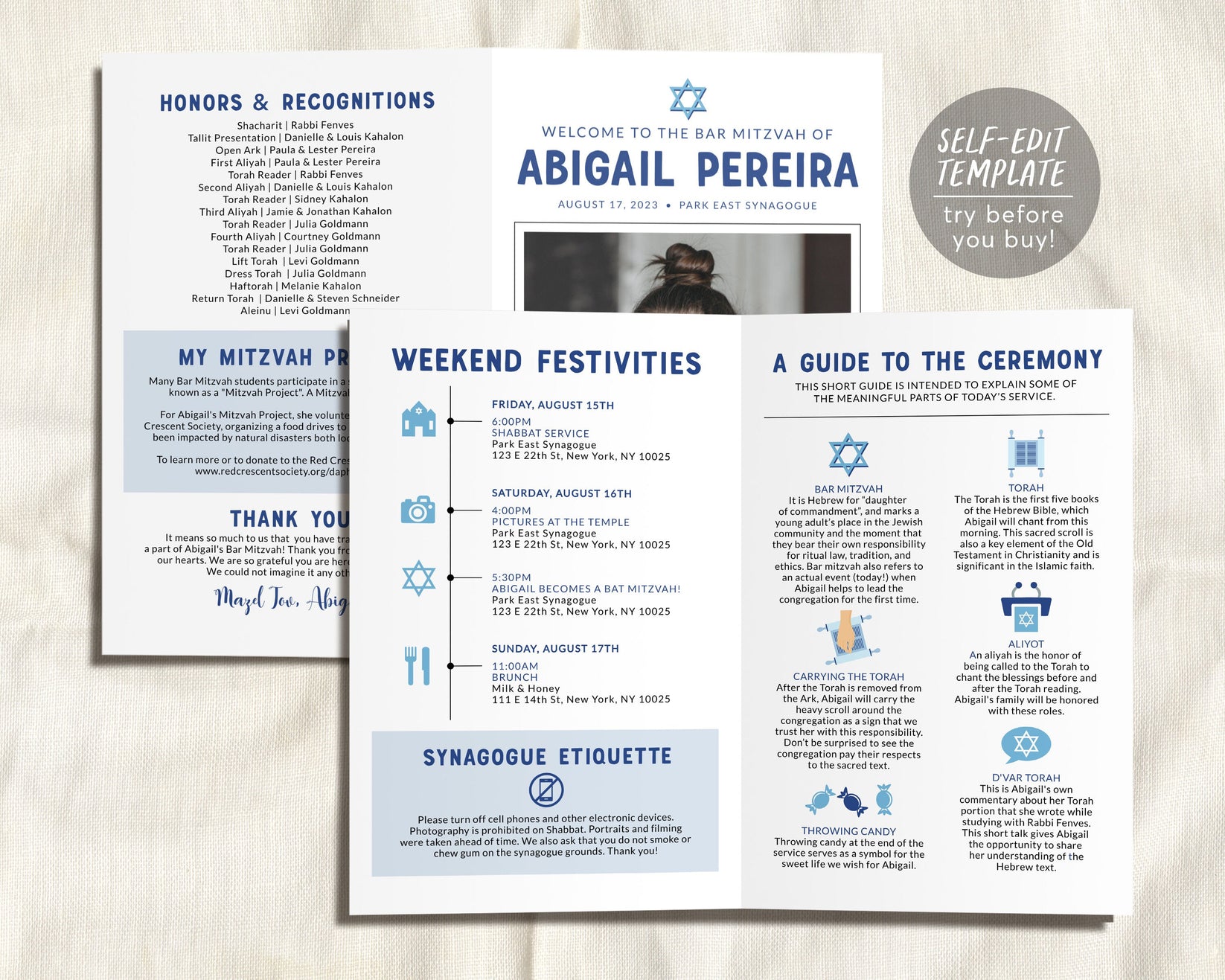 Editable Jewish Bar or Bat Mitzvah Bifold Program Infographic Template